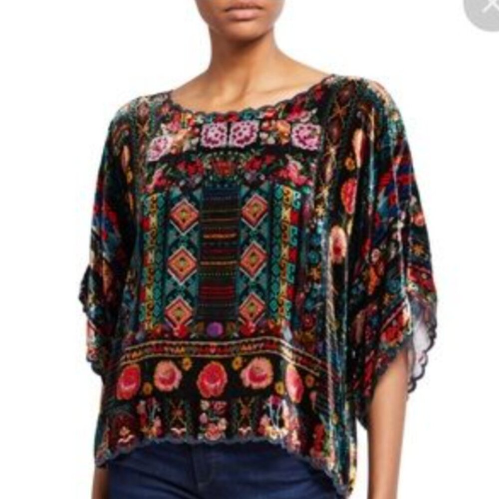 Johnny Was Multicolor Velvet Floral Embroidered Blouse - Picture 14 of 15